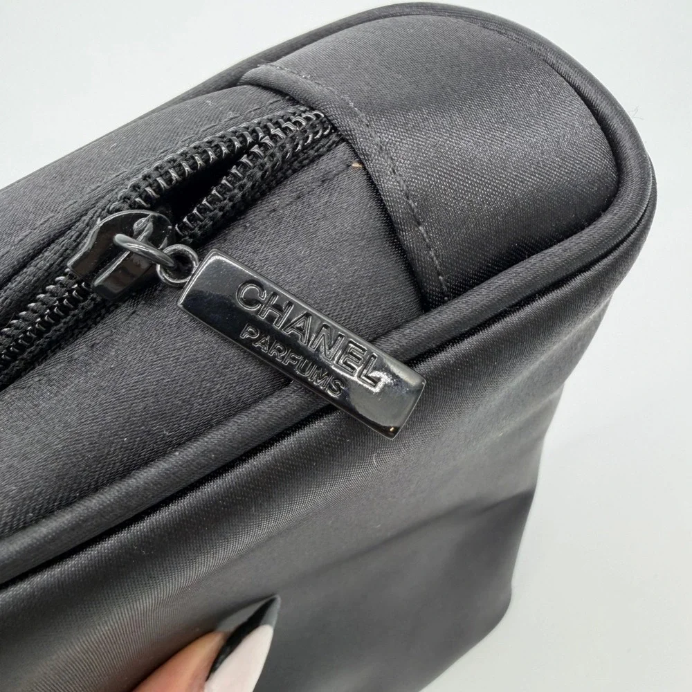 Chanel Parfums Black Cosmetic Makeup Bag Pouch Satin Gift Zippered Logo Liner